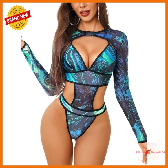 Sheer Mesh Bodysuit Set with Buckle Crop Top for Festivals